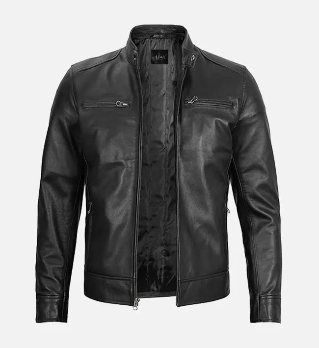 Men’s Black Leather Jacket with Removable Hood