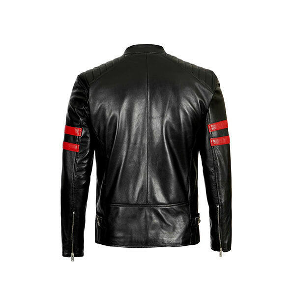 Men’s Red Stripes Black Biker Jacket - AU LeatherX