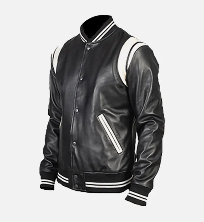 black leather varsity jacket for men