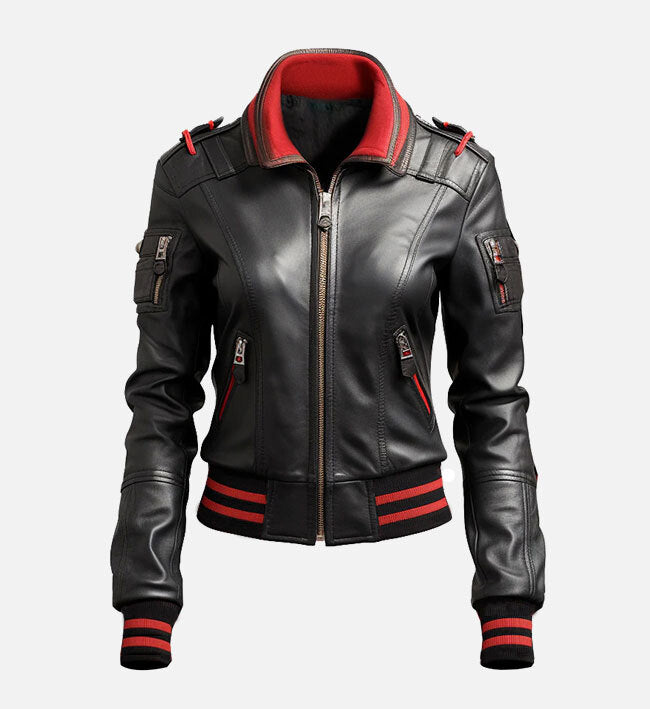 black red bomber leather jacket for women
