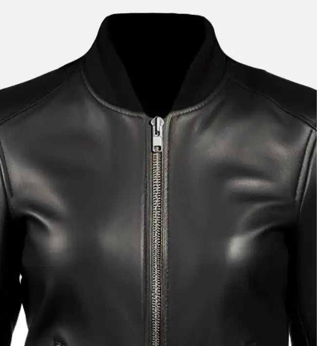 Black Leather Bomber Jacket For Women