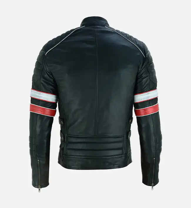 Men’s Red and White Striped Cafe Racer Leather Jacket