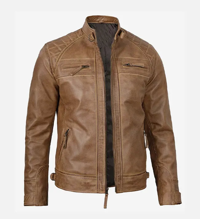 Men's Cafe Racer Camel Brown Leather Jacket