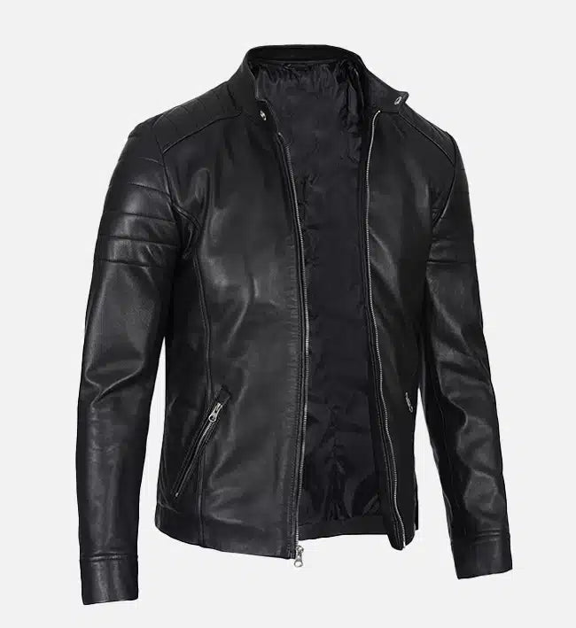 Men's Classic Black Leather Cafe Racer Jacket