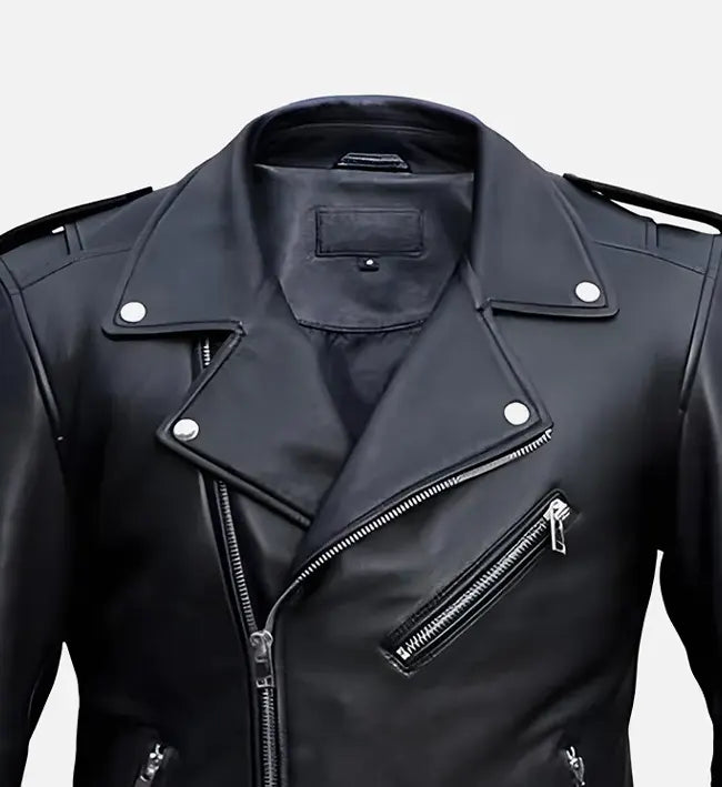 classic belted black biker leather jacket for men