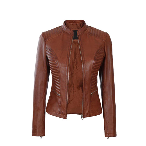 Women's Cognac Wax Cafe Racer Leather Jacket - AU LeatherX