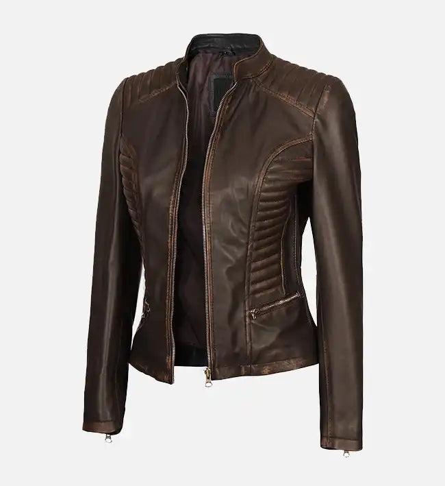 Women's Dark Brown Cafe Racer Biker Jacket