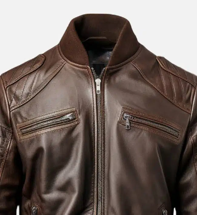 Men's Dark Brown Leather Bomber Jacket