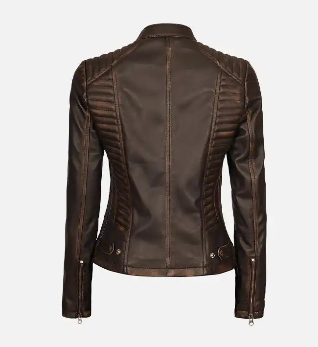 Women's Dark Brown Rub-off Cafe Racer Leather Jacket