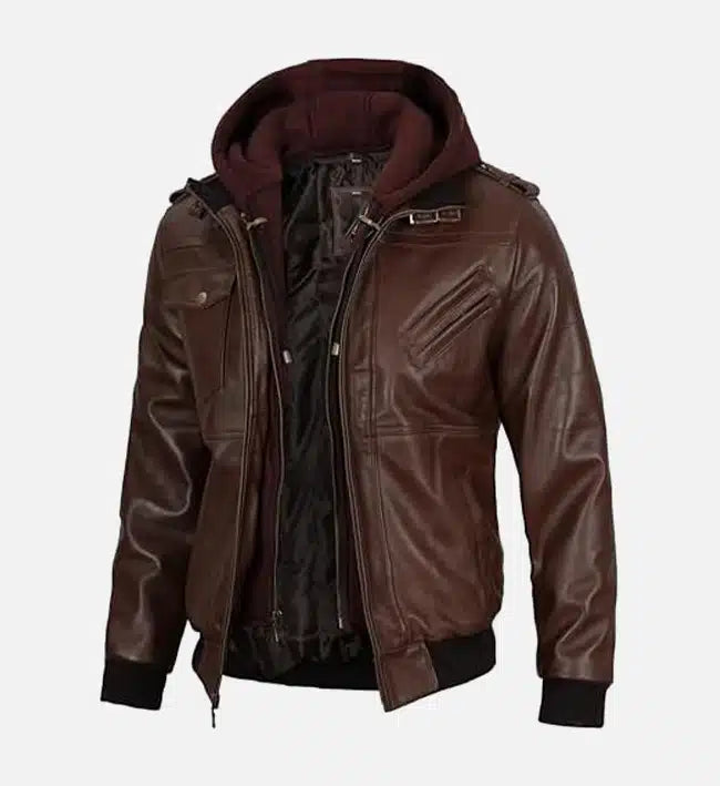 Men's Dark Brown Leather Bomber Jacket With Hood