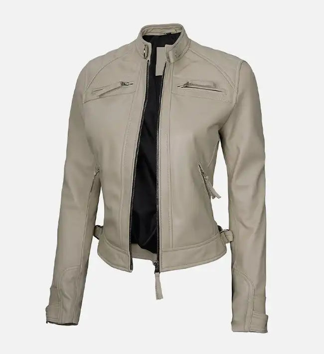 Women’s Beige Diamond Cafe Racer Leather Jacket