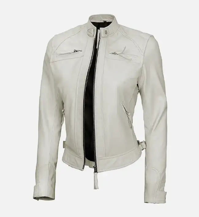 Women's White Diamond Moto Style Leather Jacket