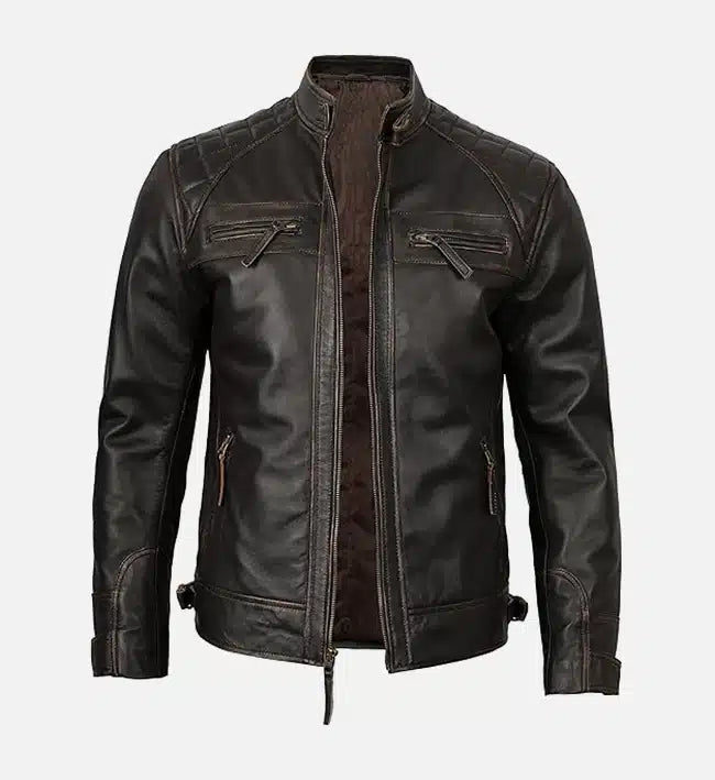 Men's Cafe Racer Distressed Brown Leather Jacket