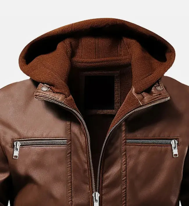 ethan brown hooded leather jacket for men