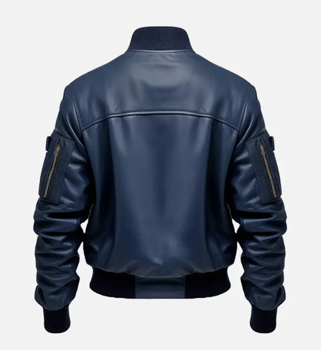 flight blue bomber leather jacket for men