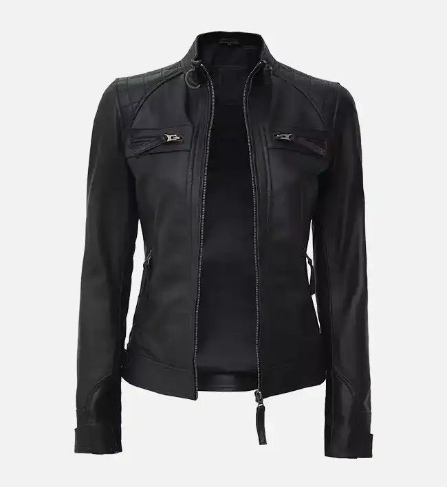 Women’s Black Quilted Cafe Racer Leather Jacket