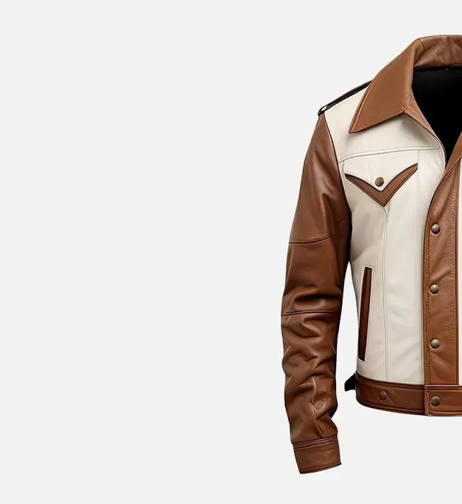 Men’s Brown & White Leather Trucker Jacket