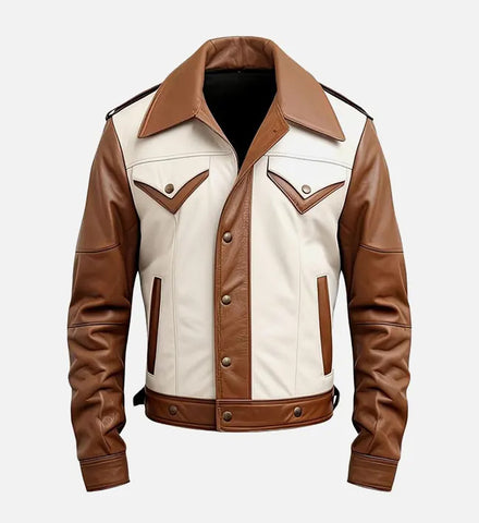 Men’s Brown & White Leather Trucker Jacket