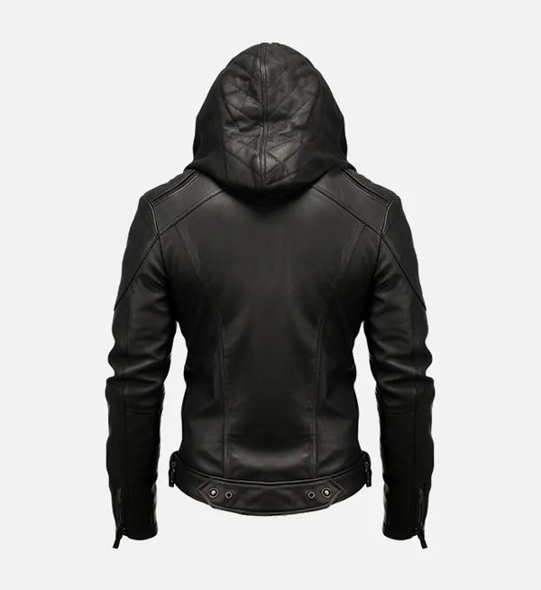 Hooded black leather jacket on sale