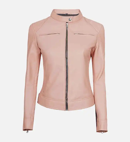 light pink womens motorcycle cafe racer leather jacket