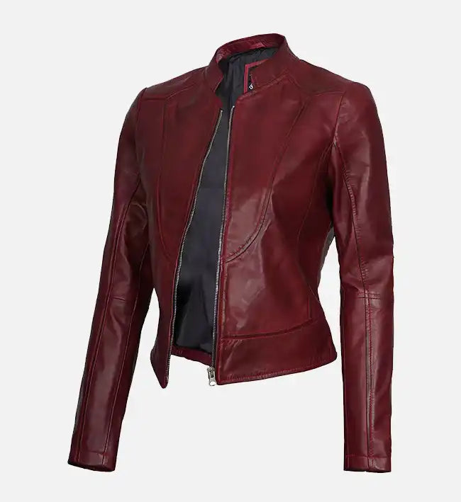 Women's Slim Fit Leather Maroon Biker Jacket