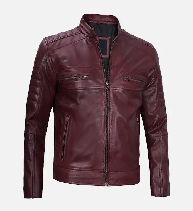 Men's Maroon Cafe Racer Leather Jacket