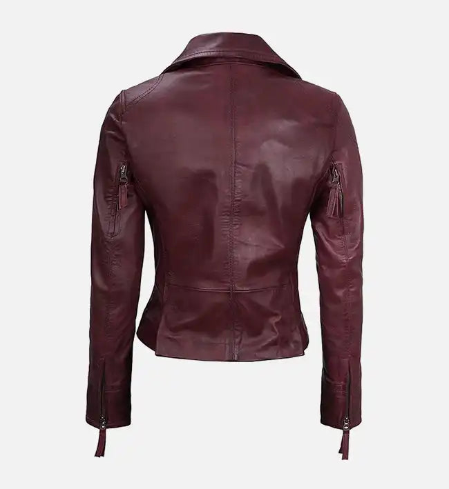 Women's Maroon Asymmetrical Biker Leather Jacket