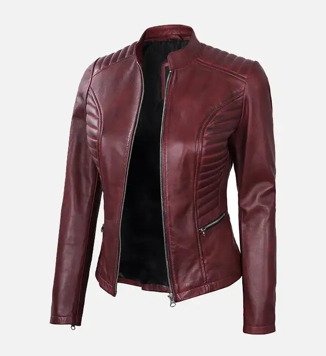 Women's Maroon Leather Cafe Racer Jacket