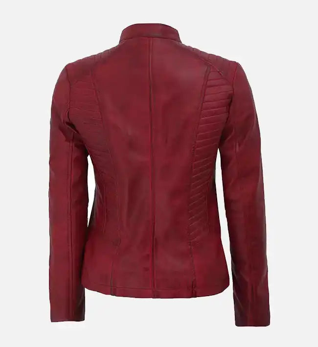 Women's Maroon Leather Mandarin Collar Biker Jacket