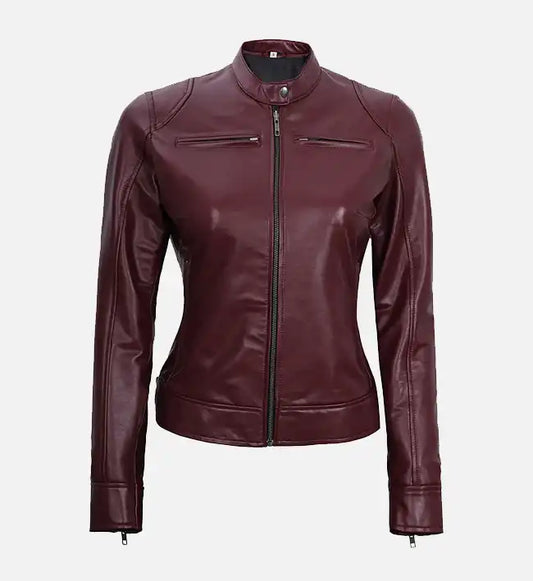 maroon moto jacket for women
