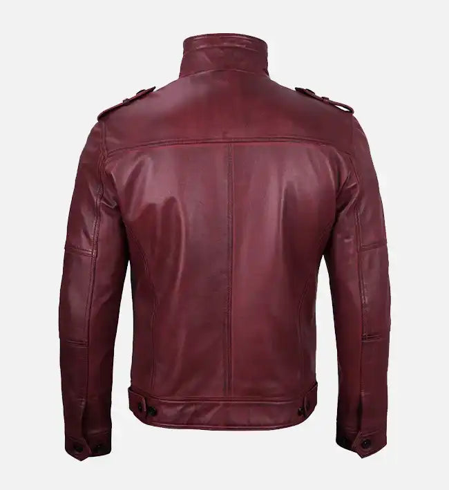 Men's Maroon Waxed Biker Leather Jacket