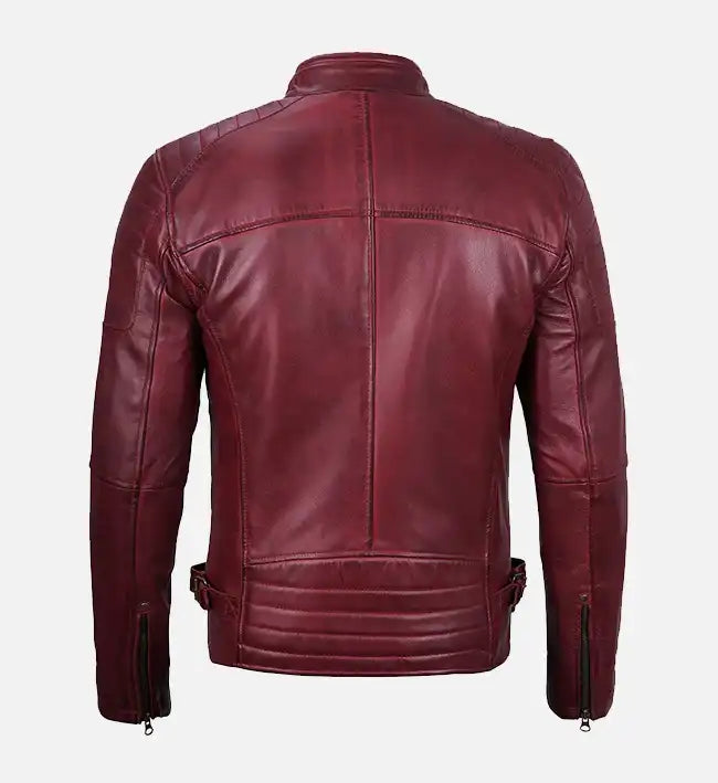 Men's Maroon Waxed Cafe Racer Leather Jacket