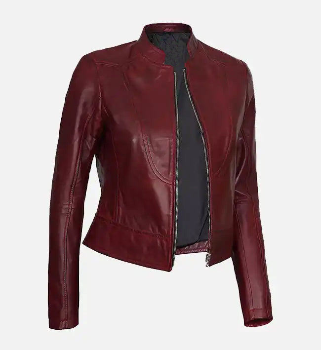 maroon biker leather jacket for women