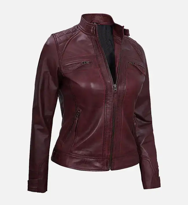 maroon leather motorcycle jacket for women