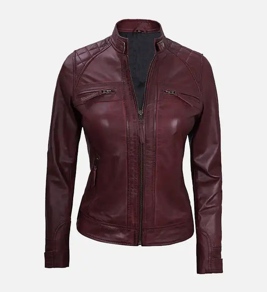 Women's Quilted Motorcycle Maroon Leather Jacket - Main Image