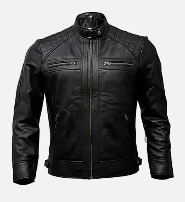 mens timber style padded shoulder black leather jacket