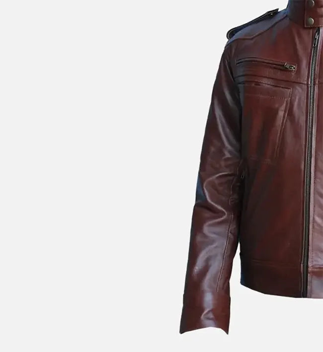 men brown reddish leather jacket
