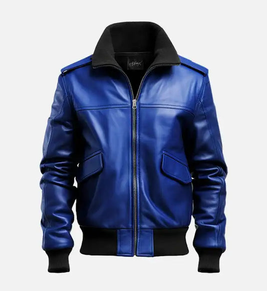 mens aviator blue leather bomber jacket