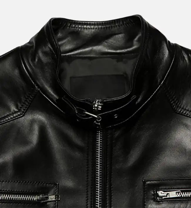 Men's Band Collar Biker Leather Jacket