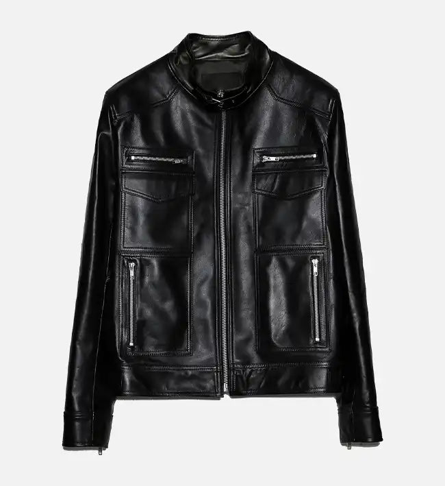 Men's Band Collar Biker Leather Jacket