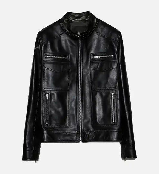 mens band collar biker leather jacket