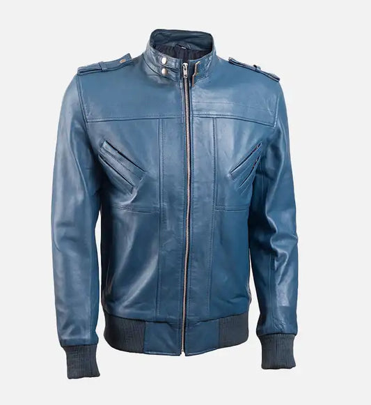 mens band collar blue bomber leather jacket
