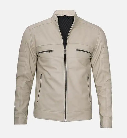 Men's Beige Cafe Racer Leather Jacket