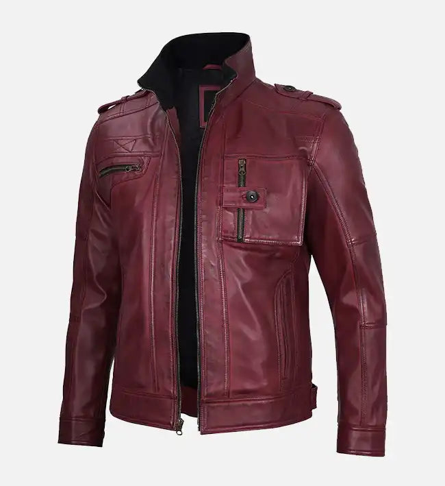 Men's Maroon Waxed Biker Leather Jacket