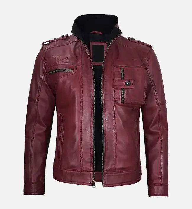 Men's Maroon Waxed Biker Leather Jacket