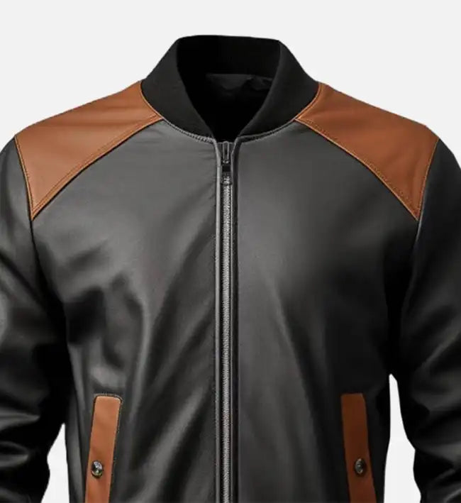 mens black and brown leather bomber jacket