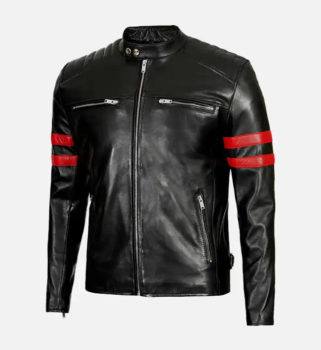 mens black biker jacket with red stripes