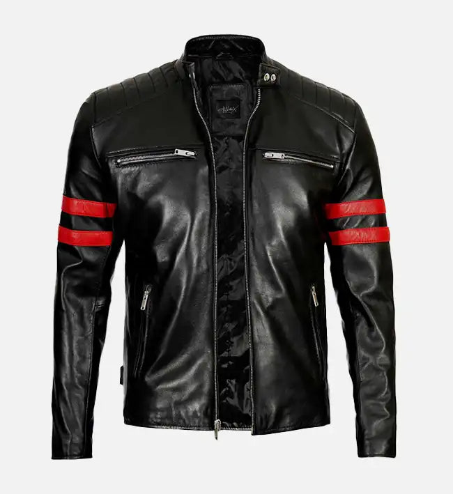 mens black biker jacket with red stripes