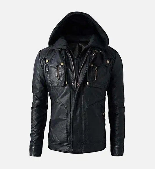 mens black biker leather jacket with detachable hoodie