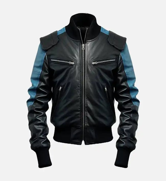 mens black blue bomber leather jacket